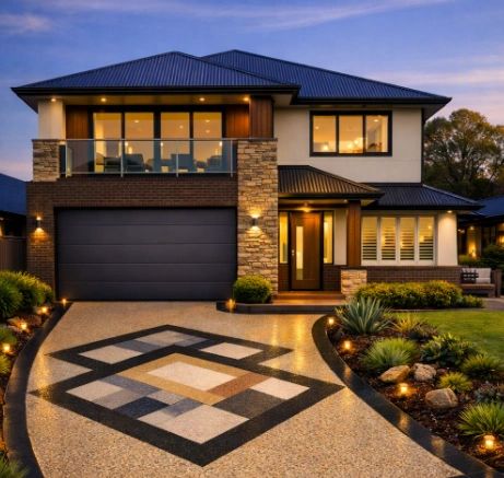 Modern home at dusk with geometric patterned driveway
